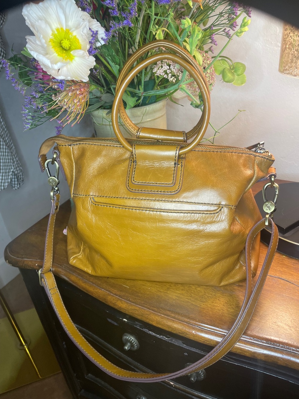 HOBO Sheila Medium Satchel Truffle Polished Leather Ring Handle Crossbody Bag